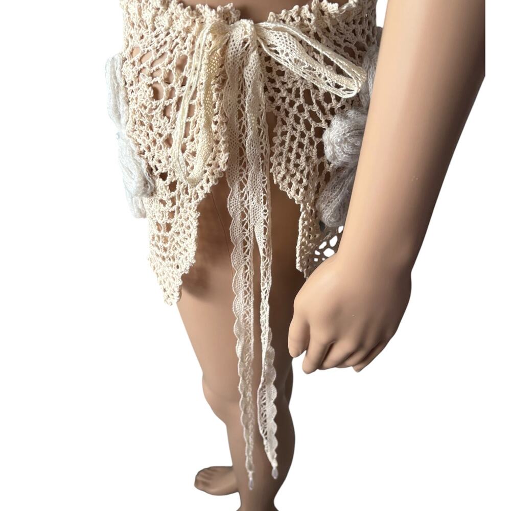 Upcycled Crochet Flower Mini Skirt Sheer Lace Wrap Ibiza Coquette Festival Fairy - Picture 3 of 6